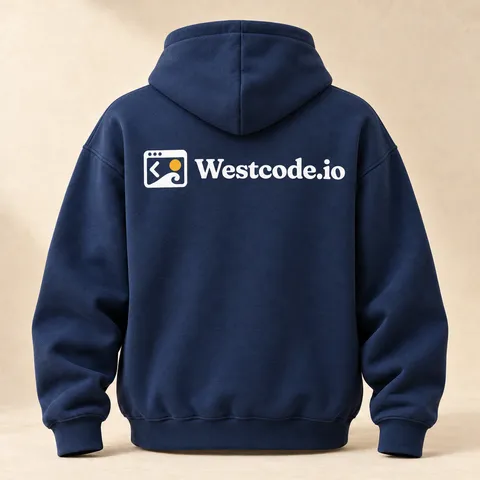 Navy hoodie, back with the Westcode.io logo
