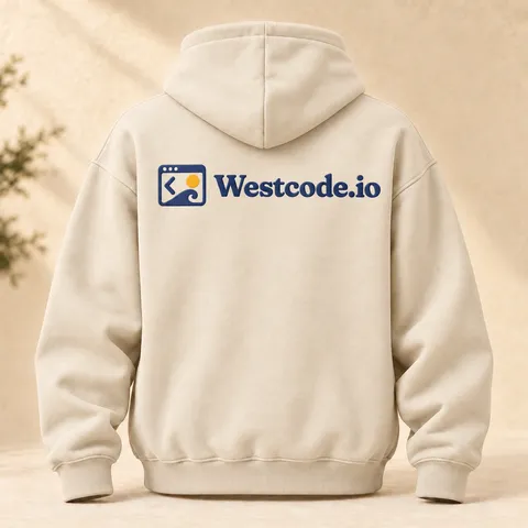 Sand hoodie, back with the Westcode.io logo