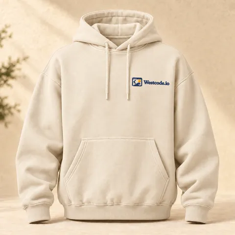 Sand hoodie with the Westcode.io logo