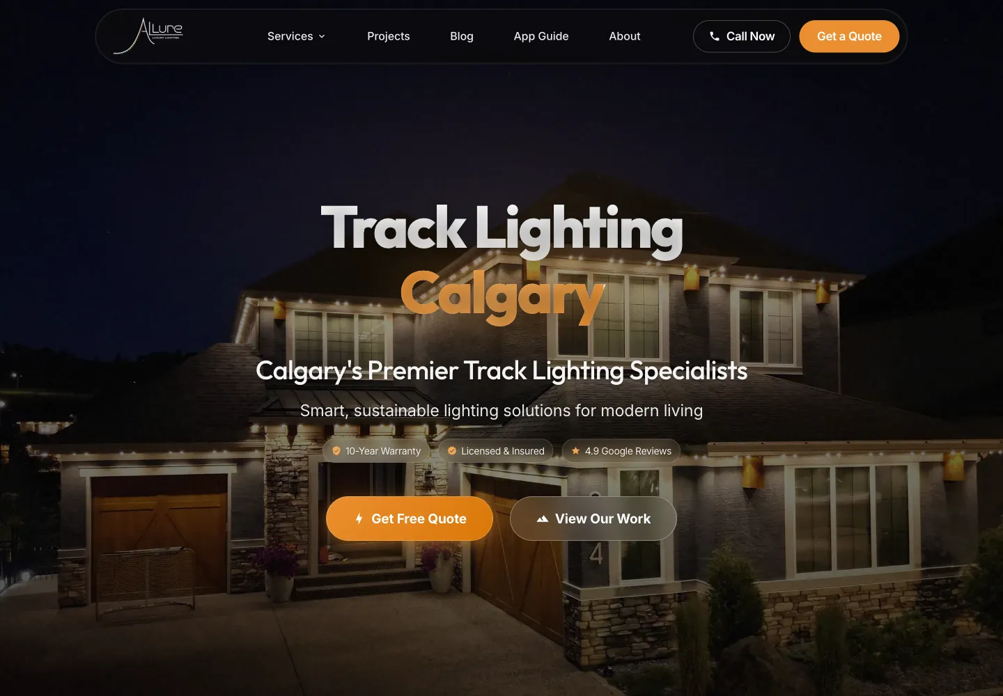 Allure Lighting website with a house lit by permanent exterior lights at night and a free quote button