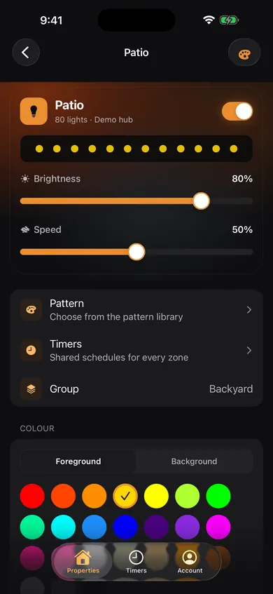 Patio controller screen with 80 lights, brightness and speed sliders, pattern and timer rows and a colour palette
