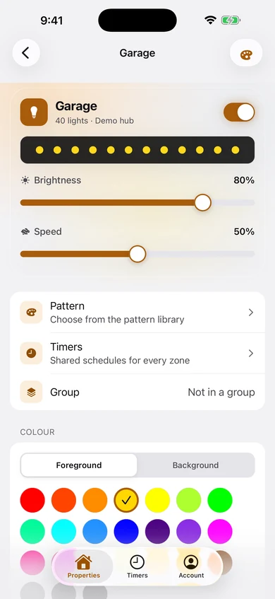 Allure Dealer app: Garage controller with brightness, speed and colour controls