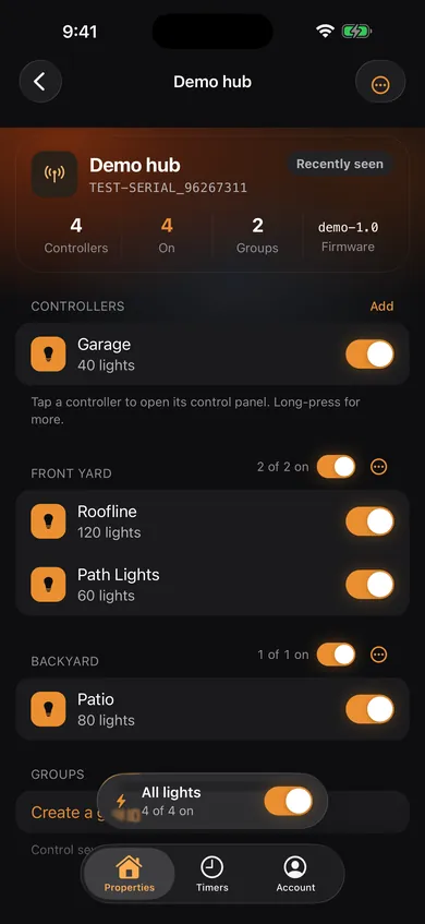 Allure Dealer app hub screen: four controllers across Front Yard and Backyard zones with power switches, and an All lights toggle