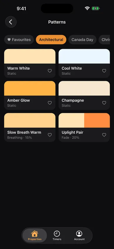 Pattern library with Architectural presets such as Warm White, Amber Glow and Slow Breath Warm, and tabs for Canada Day and Christmas