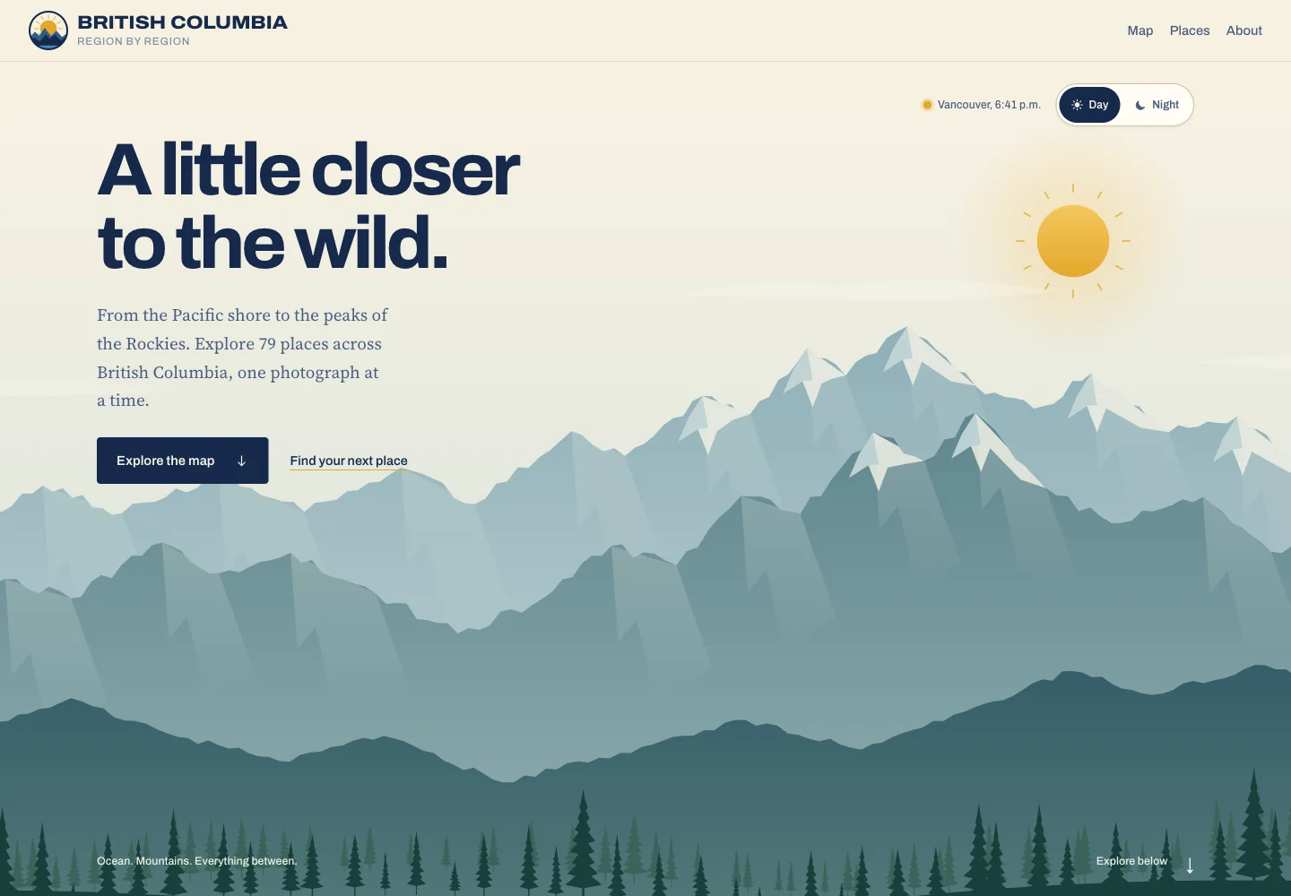 British Columbia website with a golden sun and layered mountain landscape