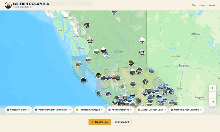 Interactive map of British Columbia with a round photograph for every place and the six tourism regions listed below