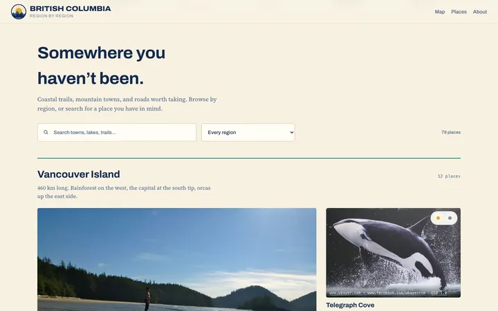 Place browser with a search field, a region filter and the first Vancouver Island places