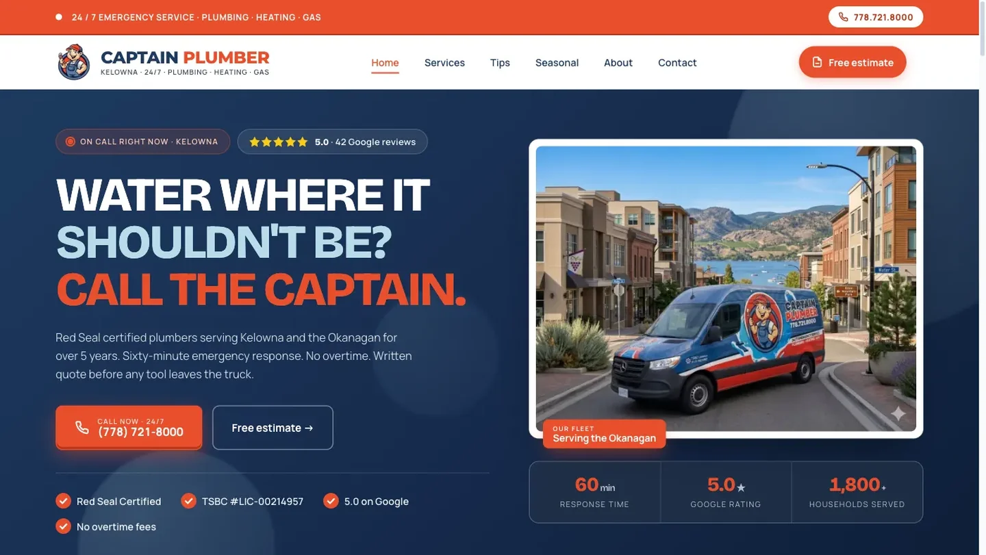 Captain Plumber website with the emergency number, a free estimate button and the service van in Kelowna