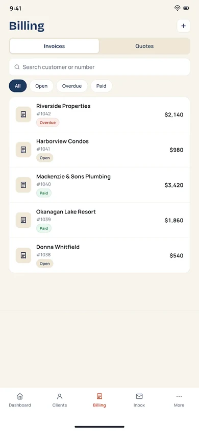 Billing screen listing invoices with open, overdue and paid status badges, with a Quotes tab