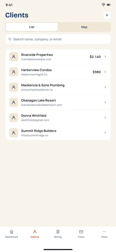 Clients screen with a searchable list of customers, their contact details and outstanding balances
