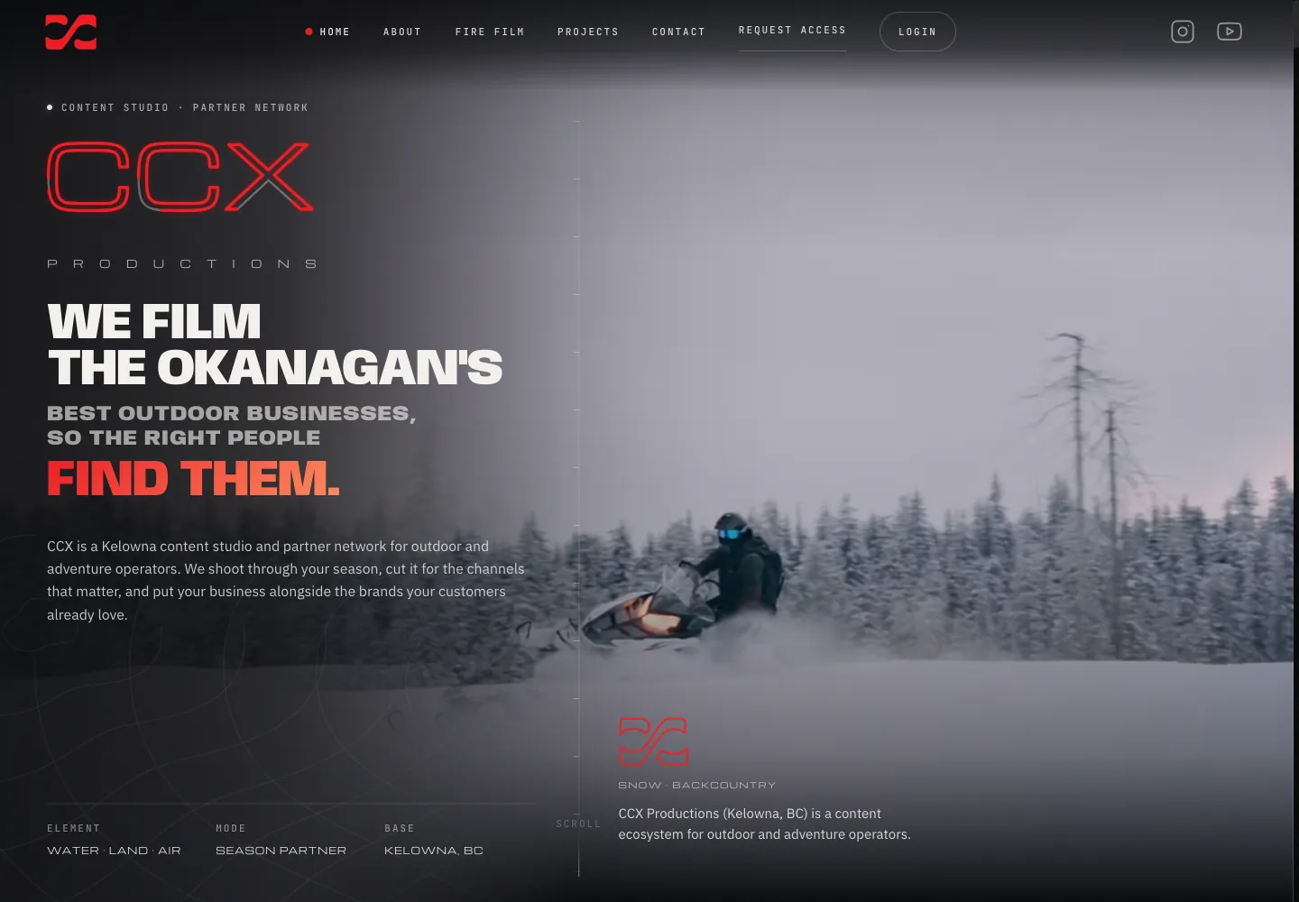 CCX Productions website with a snowmobiler in deep snow and the line We film the Okanagan's best outdoor businesses