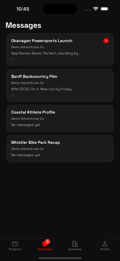 Messages screen with one thread per project and an unread badge