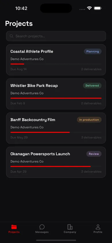 CCX ITMT app Projects screen listing four projects with status badges, progress bars, due dates and deliverable counts