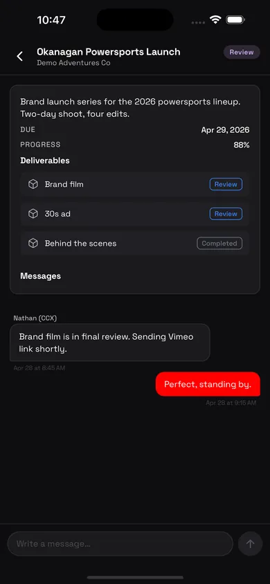 One project's page with its deliverables in review and the message thread with the crew