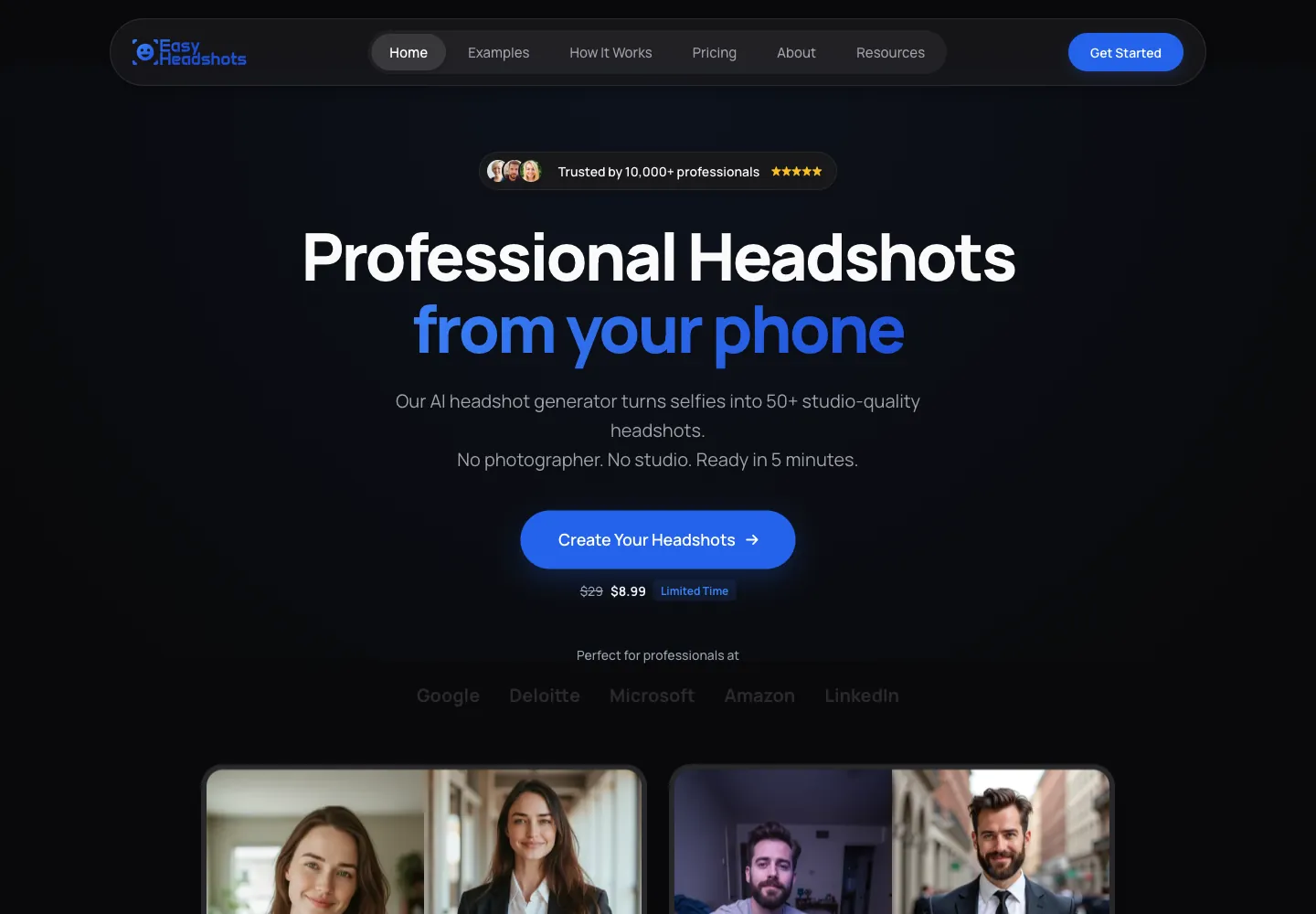 EasyHeadshots website: Professional Headshots from your phone, with before and after examples