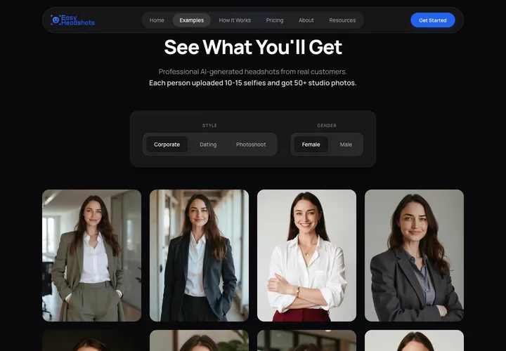EasyHeadshots examples section with style and gender filters and a grid of generated corporate headshots