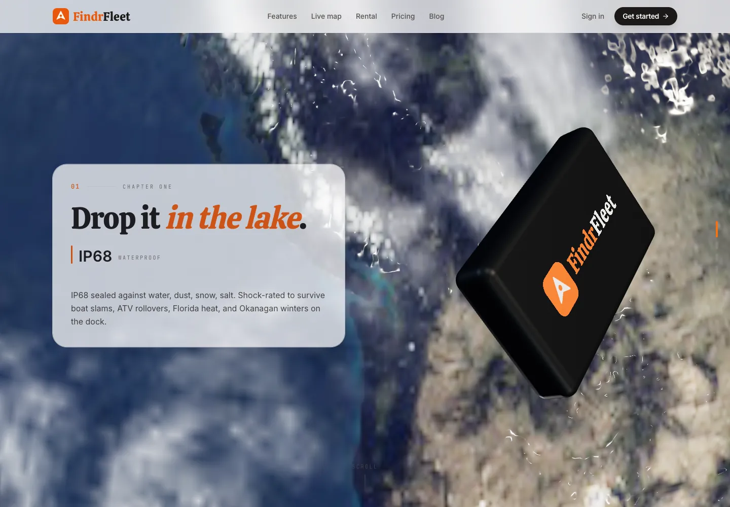 FindrFleet website with a black GPS tracker floating over a satellite view and the line Drop it in the lake