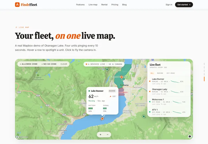 FindrFleet live map of Okanagan Lake with four units, an allowed zone, a no-go zone and a panel showing speed, battery and signal