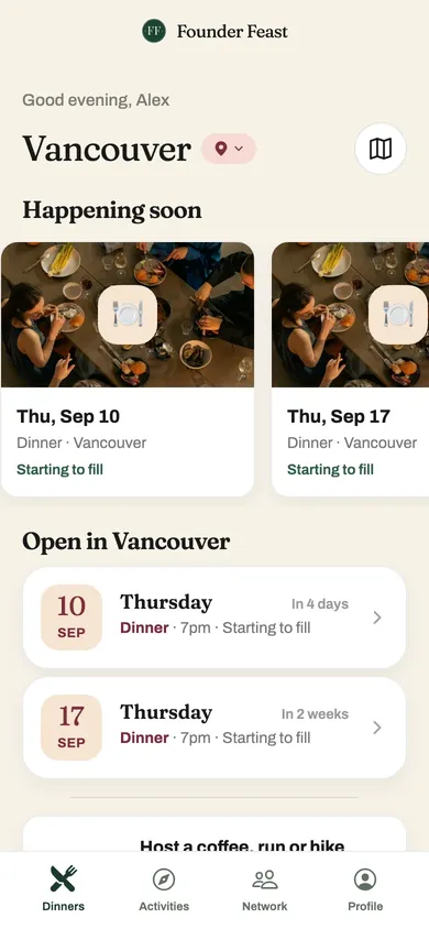 Founder Feast app showing dinners happening soon in Vancouver