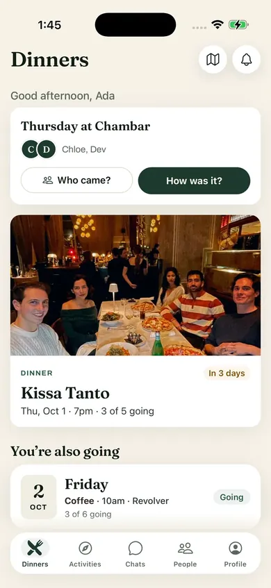 Founder Feast app: upcoming dinners in your city