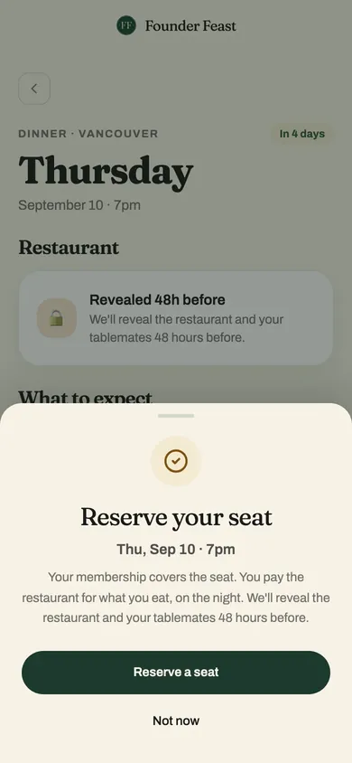 Reserve your seat sheet for a Thursday dinner