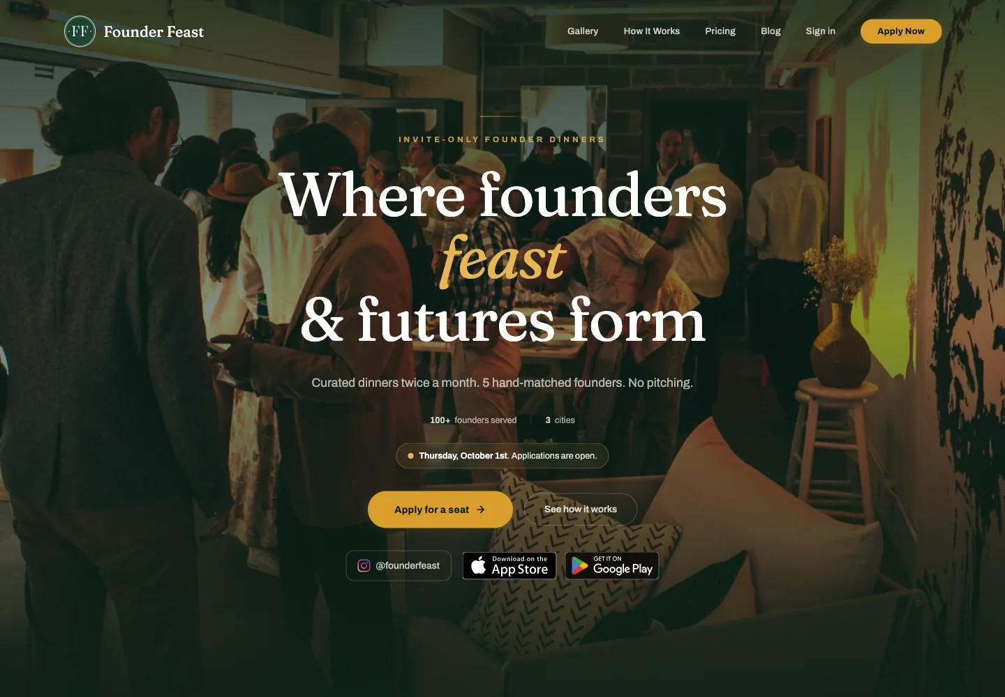 Founder Feast website inviting founders to curated dinners