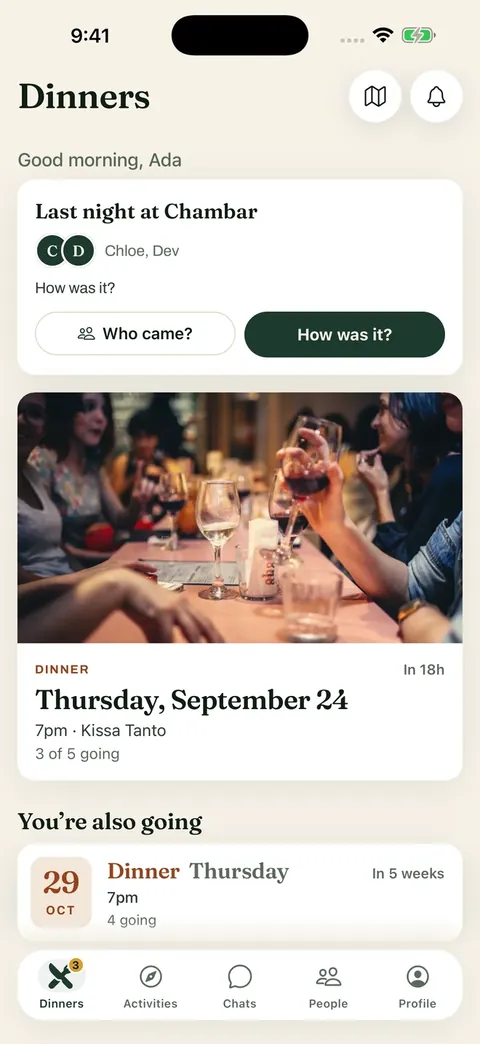 Founder Feast mobile app showing upcoming Vancouver dinners, reservations and bottom navigation