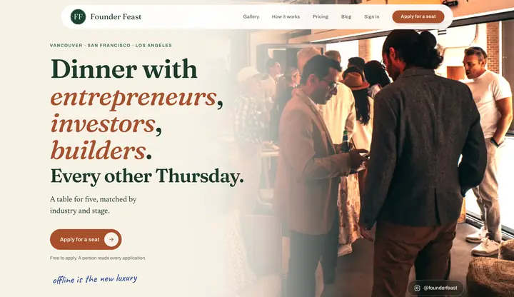 Founder Feast website inviting founders to curated dinners, paired with its mobile app