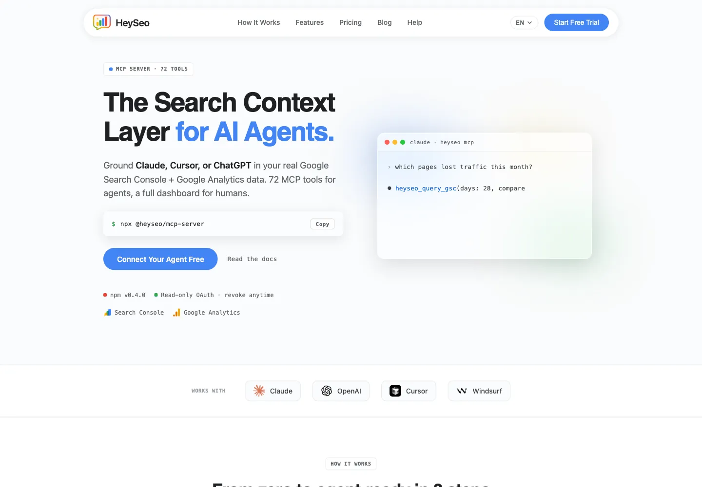 HeySEO website: The Search Context Layer for AI Agents, with an install command and a terminal example