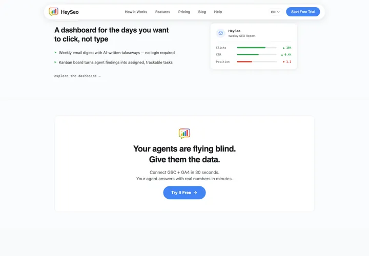 HeySEO weekly SEO report card with clicks, click-through rate and position, beside the dashboard section of the site
