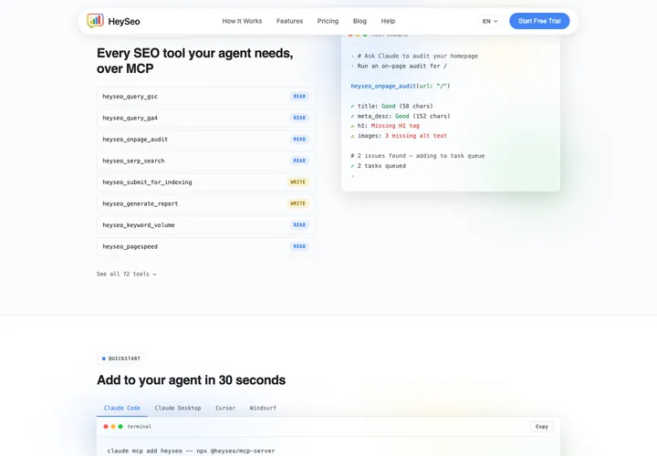 HeySEO tool list with read and write tools such as query GSC, on-page audit and submit for indexing, beside a terminal running an audit