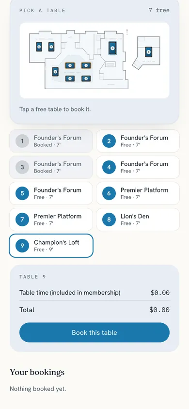 Member booking screen with a floor plan of the club and nine tables to choose from