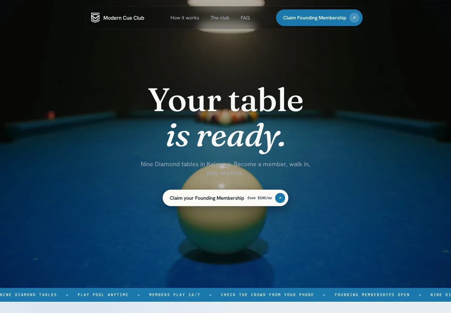 Modern Cue Club website showing a blue billiards table and founding membership invitation