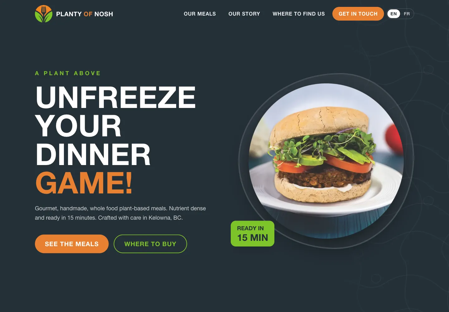 Planty of Nosh website: Unfreeze your dinner game, with a plant-based burger and a ready in 15 minutes badge