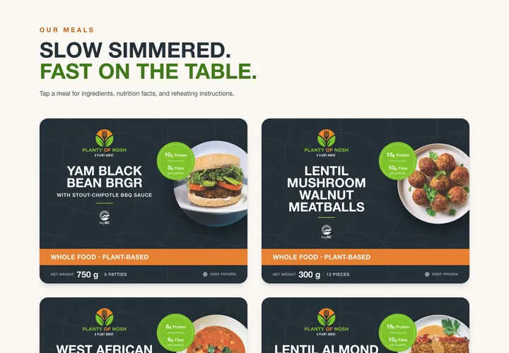 Our meals section with Yam Black Bean Burger and Lentil Mushroom Walnut Meatballs cards showing protein and fibre per portion