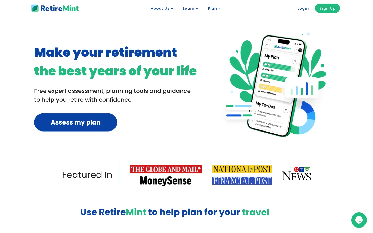 RetireMint website introducing retirement assessments and planning tools
