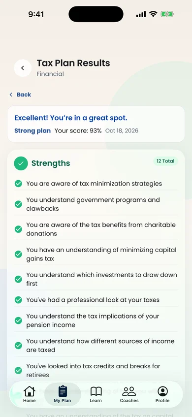 RetireMint mobile app: Tax Plan Results
