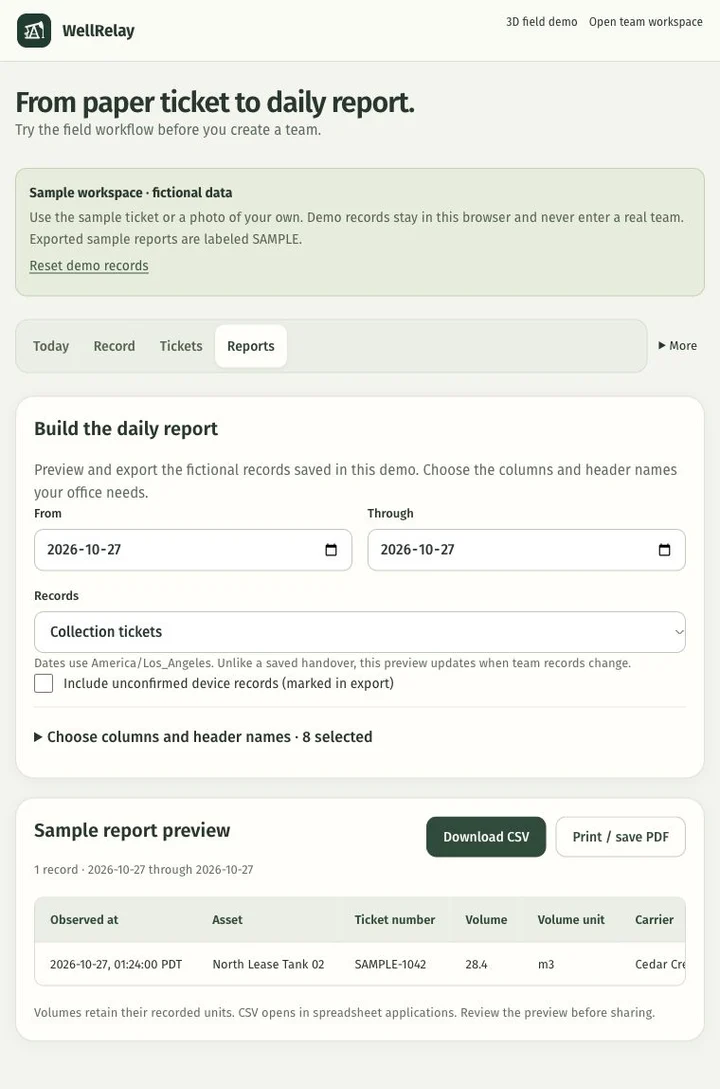 WellRelay sample report showing the reviewed collection record, date filters, configurable columns, CSV download and print action