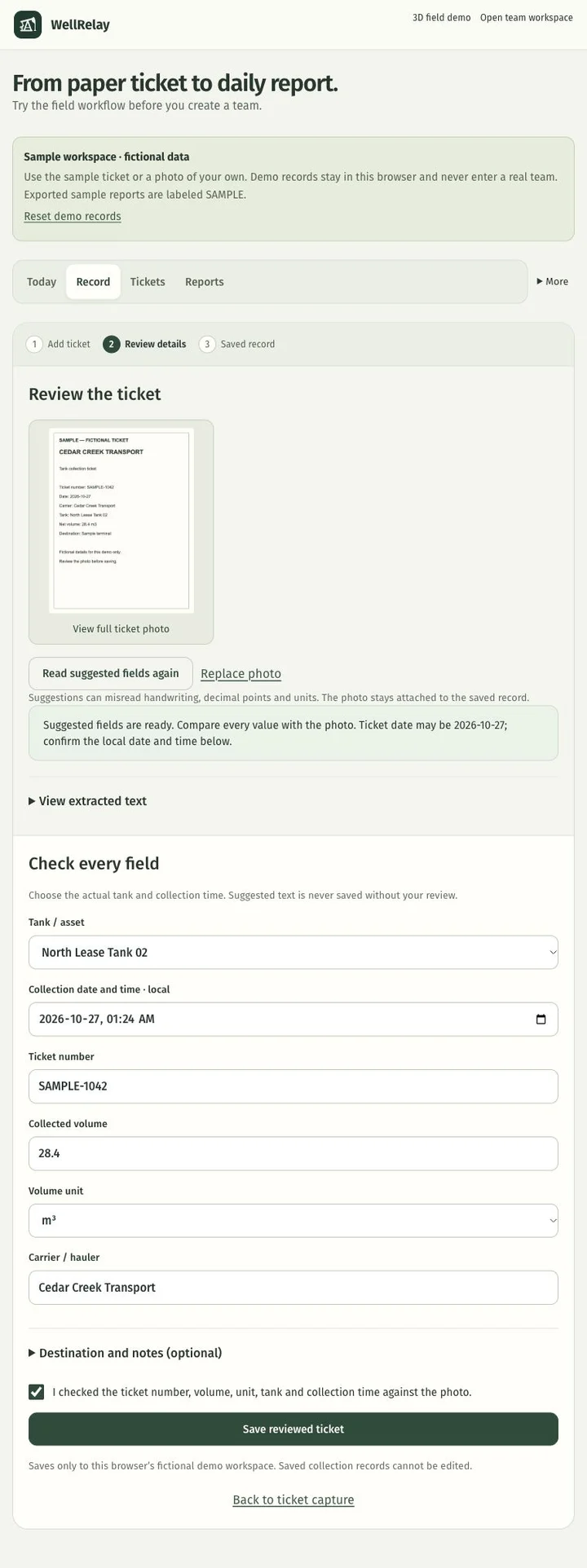WellRelay ticket review with the fictional paper ticket beside extracted number SAMPLE-1042, 28.4 cubic metres, carrier and an explicit human-review checkbox
