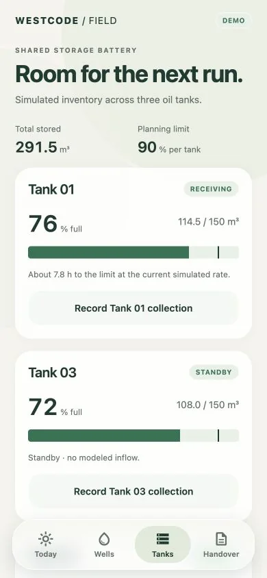 Westcode Field mobile app preview showing simulated tank inventory and the Record collection action